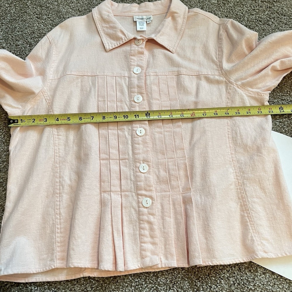 Linen Blend Button Up Shirt Sz L Pleated‎ Petal Pink Soft Girl Elevated Basic - Picture 7 of 13